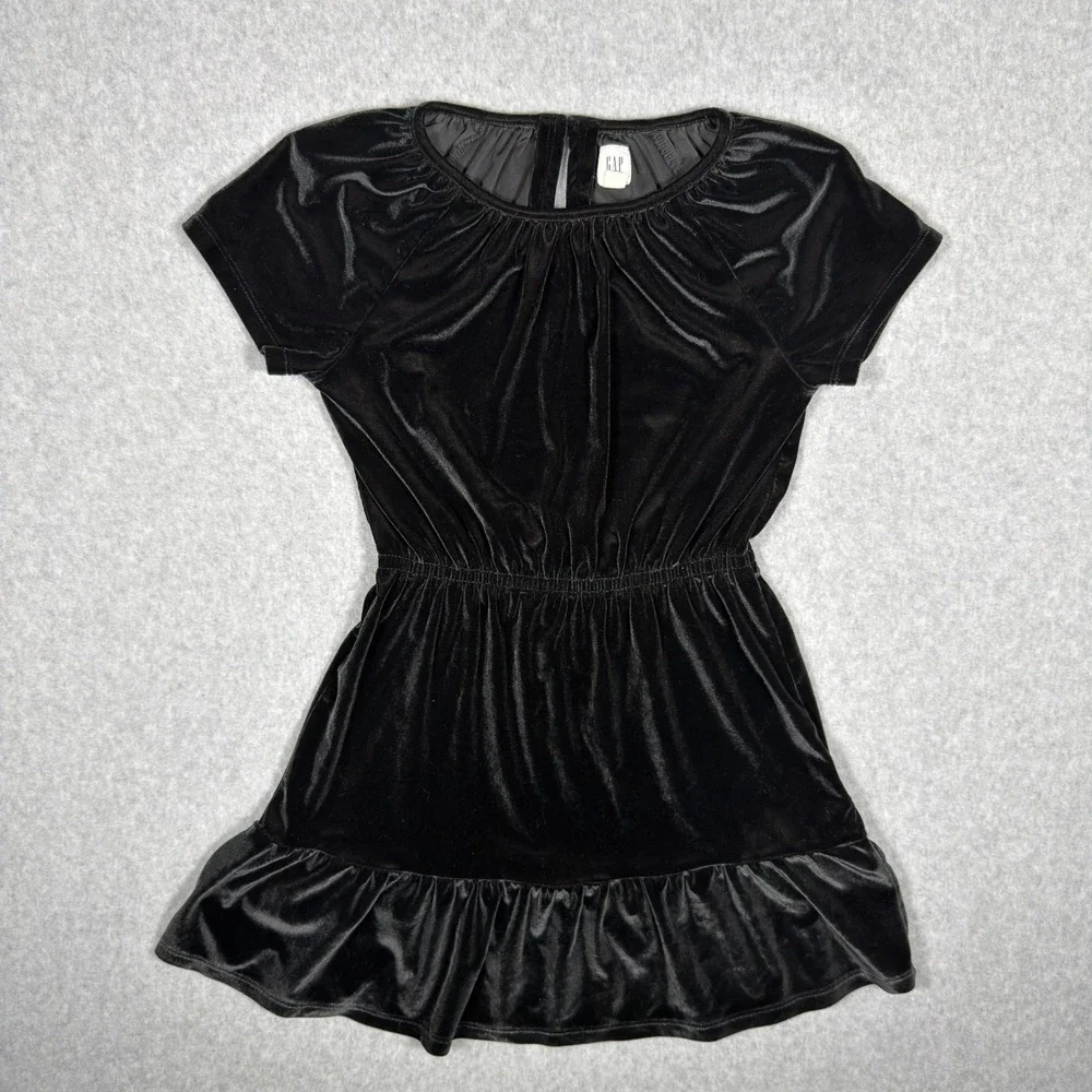 Gap Kids Girls Black Velvet Short Sleeve Ruffle Hem Dress Size M 8-9 Holiday